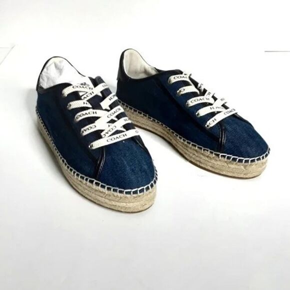 NEW Coach Cate Denim Espadrille Sneakers sz 7.5 Blue Jute Platform Summer Shoes - Picture 5 of 7